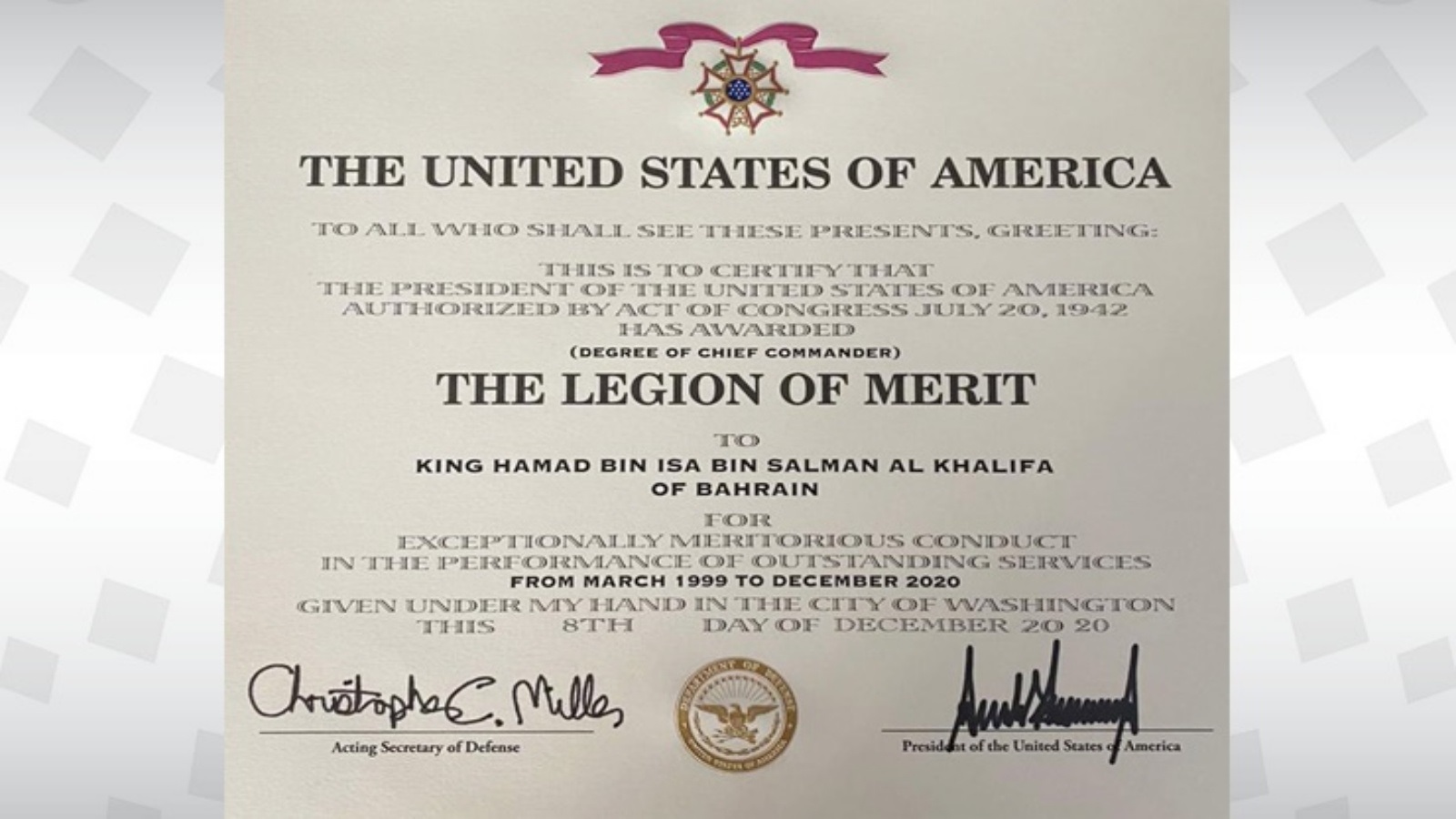 HM King awarded Legion of Merit, Degree Chief Commander, by US President