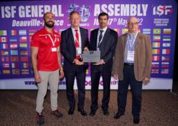 His Excellency Sheikh Dr Saqer Al Khalifa, representing the Kingdom of Bahrain, at the International School Sport Federation General Assembly in Normandy in 2022