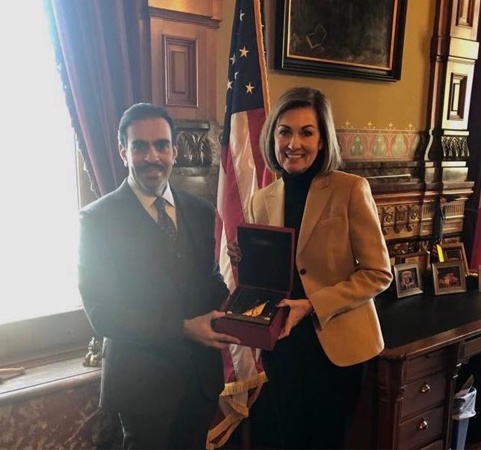 The Ambassador of Bahrain to the US Shaikh Abdulla Rashed Al Khalifa meets with Colorado Governor Kim Reynolds in February, 2023